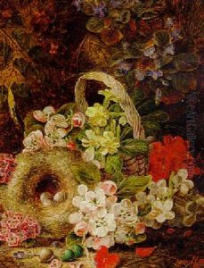 Hawthorn, Apple Blossom And Other Flowers, A Basket And Bird's Nest, On A Mossy Bank thumbnail