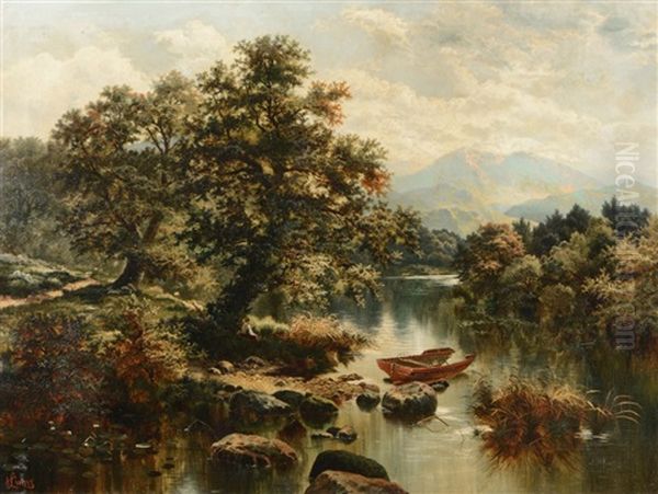 A Mountainous River Landscape With Boat, A Figure Resting Beneath A Tree Nearby - view 1