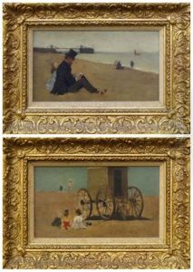 A Pair Of Coastal Scenes Depicting Children Seated By A Bathing Machine And A Man Seated With A Girl Reading by Horace Mann Livens