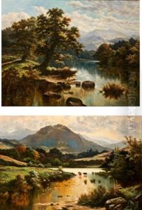 Welsh River Landscape With Mountainous Backgrounds; Pair) by Horace Mann Livens