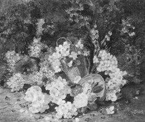 Baskets Of Flowers And A Nest Of Eggs On A Forest Floor