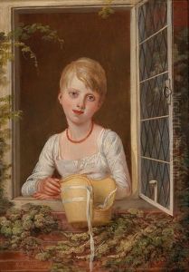 Portrait Of A Girl With Straw Bonnet Looking Out Of A Window