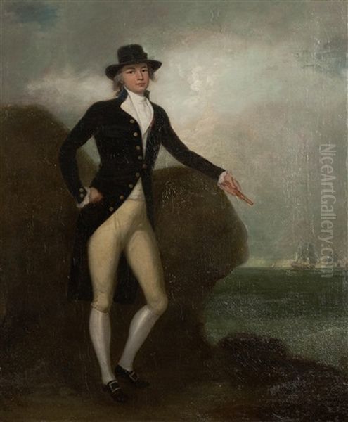 Portrait Of A Naval Captain, Believed To Be Anthony Thomas Swinburne Rn Of Hms Miranda, Full Length, Standing, His Hand Resting On A Rock, Shipping In The Distance - view 1