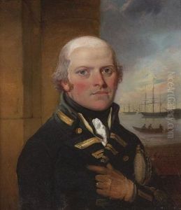 Sir George Murray Wearing Naval Uniform, He Holds His Sword In The Crook Of His Left Arm, Beyond Him An Open Window To A Scene Of Ships And A Rowing Boat