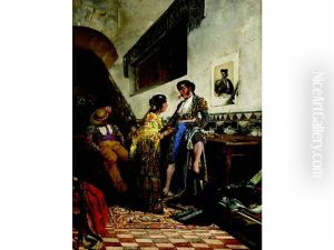 Spanish Figures Conversing While Another Sleeps by Angel Lizcano Y Monedero