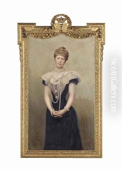 Portrait Of Queen Maria Cristina Of Spain, Queen Consort Of King Alfonso Xii, Three-quarter-length, In A Black Dress With Lace Bodice, Wearing A Pearl Necklace And Bracelets - view 1
