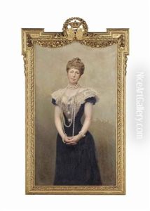 Portrait Of Queen Maria Cristina Of Spain, Queen Consort Of King Alfonso Xii, Three-quarter-length, In A Black Dress With Lace Bodice, Wearing A Pearl Necklace And Bracelets by Jose Llaneces
