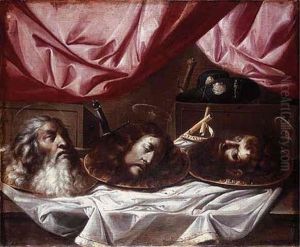 The Heads Of Saints Paul, John The Baptist And James The Great On Platters On A Draped Ledge by Sebastian de Llanos Valdes