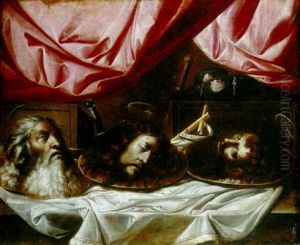 The Heads Of Staint Paul, John The Baptist And James Of Compostella On Platters On A Draped Ledge