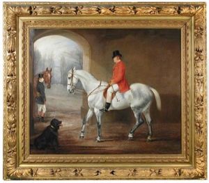 A Shropshire Squire Going Hunting, Wearing A Nosegay Of Flowers, Riding A Grey Hunter, His Groom With A Chestnut Second Horse And Sandwich Box On His Back, And A Black Retriever Alongside by Edward Lloyd