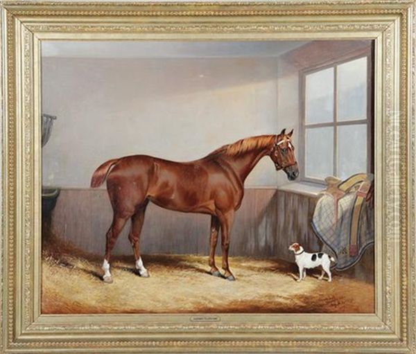 Chestnut Hunter And Dog In A Stable - view 1