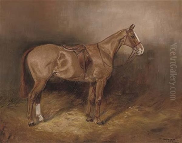 A Bay Hunter In A Stable (+ A Saddled Chestnut Hunter In A Stable; Pair) - view 1
