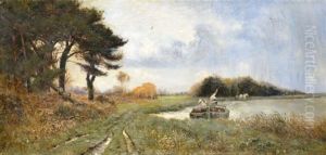 Spatsommerlandschaft Mit Treidlern Am Flus by Thomas Lloyd