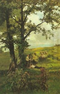 Shepherds And Their Flock Resting Under A Tree, On The Isle Of Wight by Thomas Lloyd