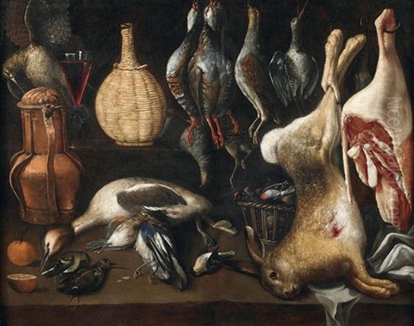 Nature Morte Aux Perdreaux Rouges A La Harde, Au Lapin Et Au Gigot D'agneau Sur Un Entablement - view 1