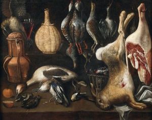 Nature Morte Aux Perdreaux Rouges A La Harde, Au Lapin Et Au Gigot D'agneau Sur Un Entablement