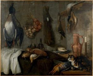 Canards, Perdrix, Becasses Pendues Dans Une Cuisine, A Droite Un Chat Convoite Une Perdrix Canards, Perdrix, Becasses Pendues Dans Une Cuisine, A Droite Un Chat Convoite Une Perdrix