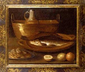Fish On An Earthenware Platter, A Pitcher In A Copper Urn, A Dish Of Nuts, With Oranges And A Lemon On A Ledge