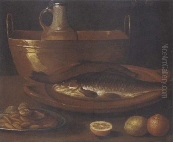 Fish On An Earthenware Platter, A Pitcher In A Copper Urn, A Dish Of Nuts, With Oranges And A Lemon On A Ledge - view 1