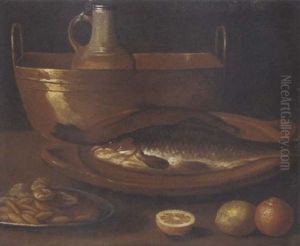 Fish On An Earthenware Platter, A Pitcher In A Copper Urn, A Dish Of Nuts, With Oranges And A Lemon On A Ledge