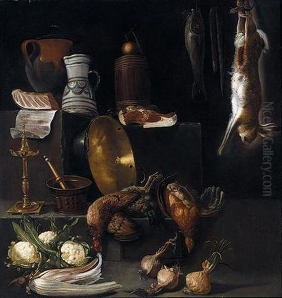 A Kitchen Still Life With Chickens, Hare, Fish, Onions, Cauliflower, A Cardoon And Various Kitchen Utensils - view 1