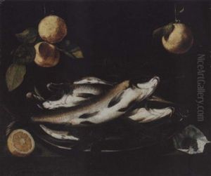Still Life Of Fish On A Pewter Plate, Together With Peppercorns And A Sliced Lemon, Upon A Stone Ledge, With Oranges Hanging Above by Alessandro de Loarte