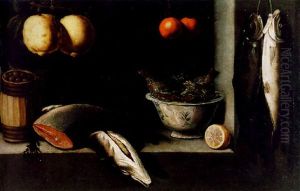 Lemons, Oranges, A Barrel Of Olives, Salmon And A Bowl Of Fish In A Niche