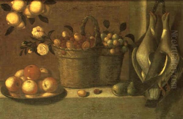 Still Life With A Pair Of Hanging Pigeons, Baskets Of Fruit And Plate Of Apples - view 1