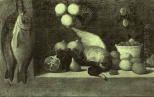 Still Life With Hanging Fish, A Dead Mallard And Fruit by Alessandro de Loarte