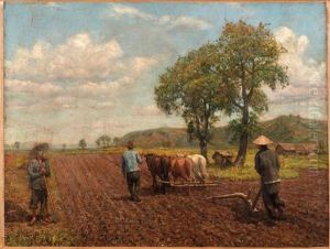 Paysans Labourant Un Champs De Riziere