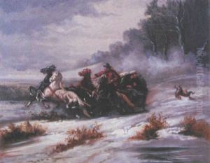 Traineau Sous La Neige Poursuivi Par Les Loups
