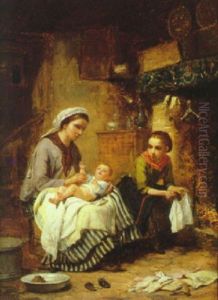 Kokkeninterior Med Moder, Pige Og Spaedbarn by Charles Auguste Romain Lobbedez