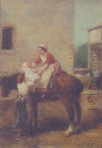 Village Scene With Mother And Child On Horseback by Charles Auguste Romain Lobbedez