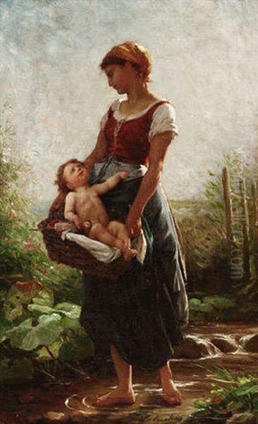 Junge Mutter Mit Ihrem Kind Im Weidenkorb - view 1