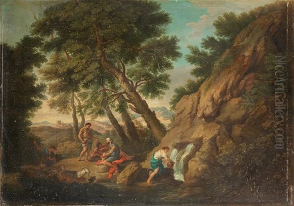 Classical Figures Resting In An Italianate Landscape With A Figure Drawing Water At A Waterfall - view 1