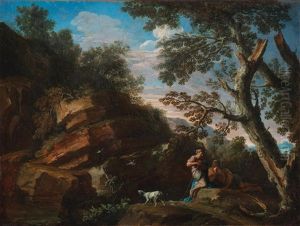 A Rocky River Landscape With Figures Conversing Beneath A Tree