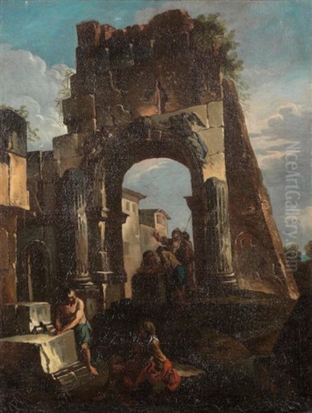 A Capriccio Of Ruins With Figures Resting Before A Roman Church - view 1