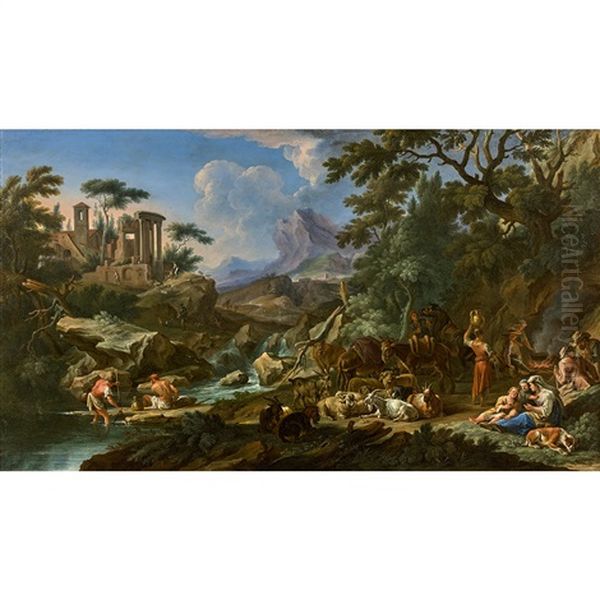 Paysage A La Cascade Surmontee De Ruines Antiques Et Animees De Pecheurs Et De Bergers Avec Leurs Troupeaux - view 1