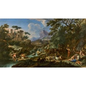 Paysage A La Cascade Surmontee De Ruines Antiques Et Animees De Pecheurs Et De Bergers Avec Leurs Troupeaux by Andrea Locatelli