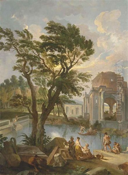 A Landscape With Figures Resting Among Classical Ruins By A Lake - view 1