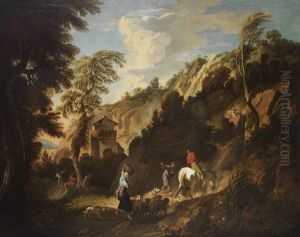 A Shepherdess And Her Flock With A Rider On A White Horse by Andrea Locatelli