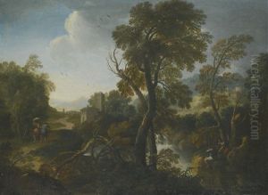 An Italianate Wooded River Landscape With Fishermen On The Bank Before A Waterfall, Travellers On A Path And A Shepherd With His Flock Beyond by Andrea Locatelli