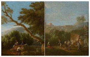La Partie De Boules; Scene De Moisson (2 Works) by Andrea Locatelli