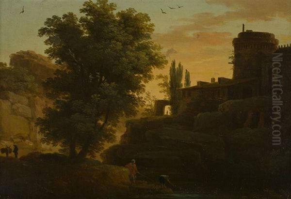 Fishermen Casting Nets In A Classical River Landscape - view 1