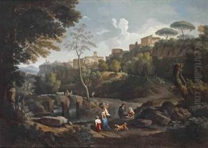 A Pastoral Landscape With A Woman Carrying A Basket Of Grapes, Figures Conversing, Herdsmen On A Bridge, And A Town On A Rock In The Near Distance