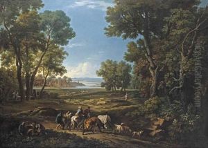 A Pastoral Landscape With A Family Travelling On Horseback And Figures Resting In The Foreground, Shepherds And Other Figures On The Path Beyond, A Town Wall On The River Bank In The Distance by Andrea Locatelli