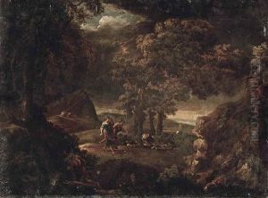A Wooded Landscape With Figures In A Thunderstorm