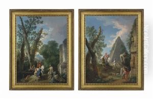 An Italianate Wooded Landscape With Classical Ruins, A Centurion, Figures And A Dog; And A Capriccio Of A Pyramid With Two Centurions, Figures And A Dog (pair) by Andrea Locatelli