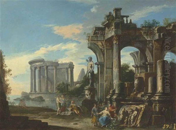 An Architectural Capriccio With Figures Conversing Among Classical Ruins - view 1