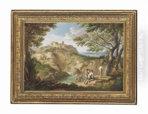 A Wooded River Landscape With Fisherman On The Shore, A Town On A Hilltop Beyond